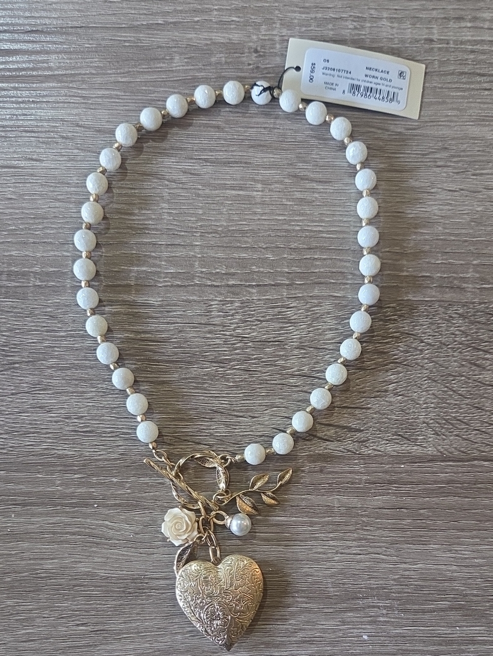 Patricia Nash White Beaded Necklace with Gold Heart Locket and Charms